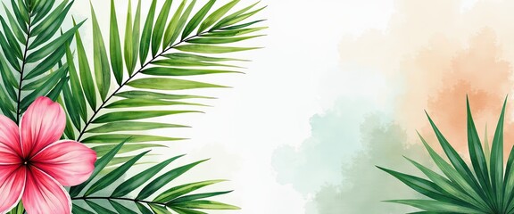 Vibrant Watercolor Painting: Lush Palm Leaves & Pink Flower in Tropical Harmony. A watercolor painting of tropical leaves and flowers.