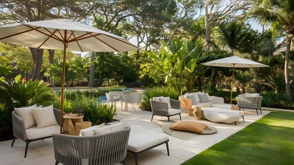 Outdoor patio with comfortable lounge furniture and lush greenery surrounding.
