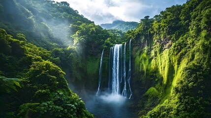 A giant waterfall flowing in reverse into the sky, surrounded by lush greenery