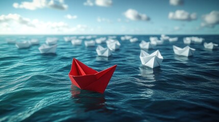 Red paper boat leads white fleet on blue ocean.