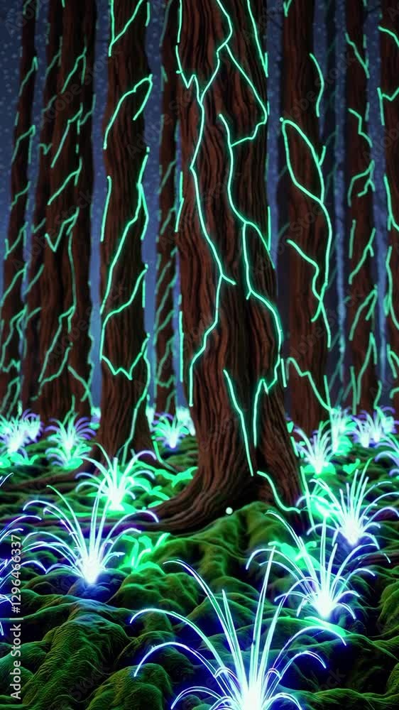 Poster wander through an enchanting forest where trees are adorned with vibrant glowing patterns, surrounde