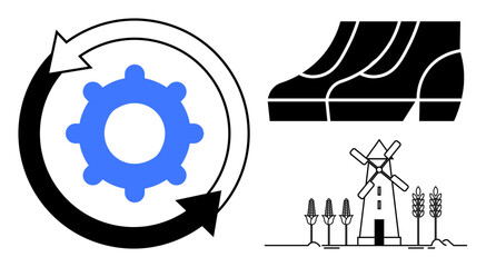Obraz premium Gear with circular arrows, windmill in a field with crops, and footsteps conveying sustainability. Ideal for renewable energy, agriculture, green technology, eco-friendly practices, recycling, nature