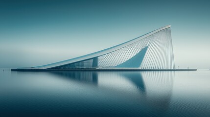 Obraz premium Modern Architecture Reflecting on Calm Water, Tranquil Dawn Sky