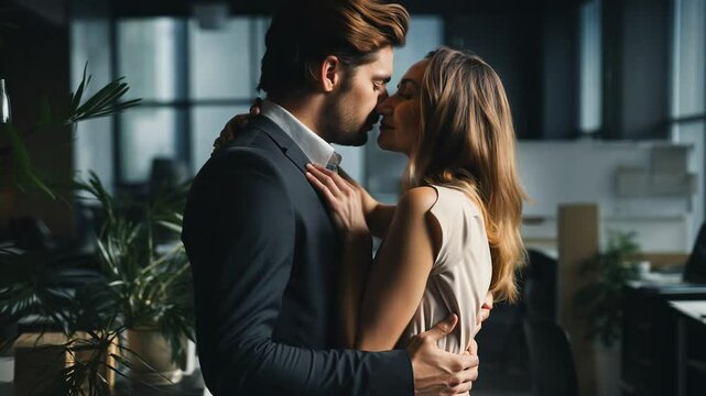 A romantic moment between a man and woman in a modern office. The couple embraces intimately, creating an atmosphere of love and passion in a professional setting. Subtle lighting adds to the mood