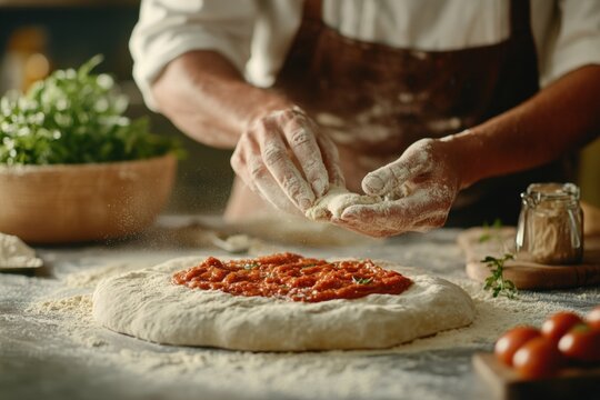 A Italian chef preparing a classic Margherita pizza, spreading tomato sauce over fresh dough