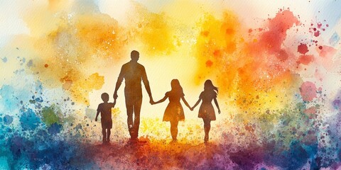 Fototapeta premium Joyful Family Silhouette in a Watercolor Painting of Unity