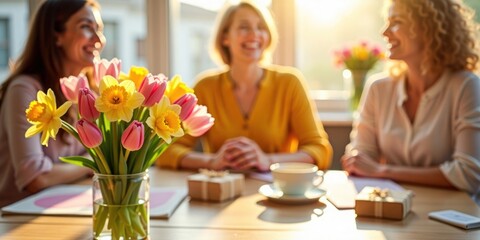 Women sitting at a table with a vase full of flowers in the foreground