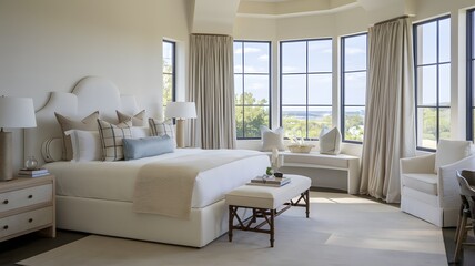 Serene bedroom with neutral tones, king-size bed, and panoramic window views.