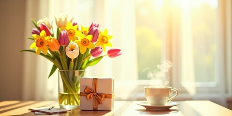 Flowers in a vase - yellow daffodils and pink tulips