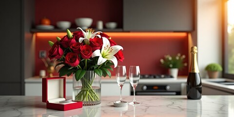 A bouquet of red roses and white lilies in a clear glass vase, a bottle of champagne, two champagne glasses