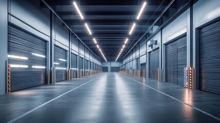 Obraz premium Modern Industrial Warehouse Interior, Long Perspective of Closed Roll-up Doors and Clean Concrete Floor Under Bright Fluorescent Lights