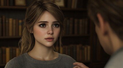 Sad teenage girl in library talking to a person, possible use for teen drama or psychology