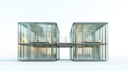 Fototapeta premium Modern glass house, two-story design, minimalist, white background, architectural rendering