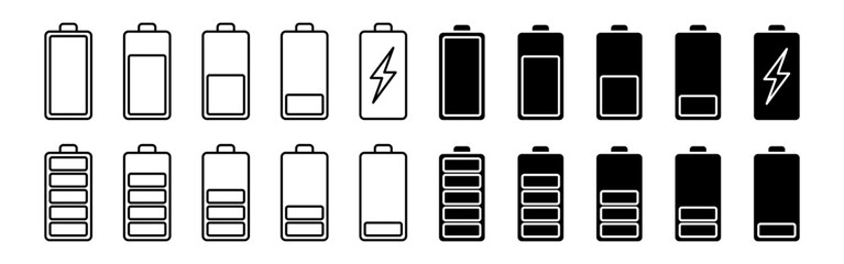 Vector isolated Battery icon set in black outline and fill