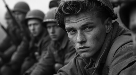 Fototapeta premium A group of American soldiers sits together, showcasing expressions of focus and resilience. This moment captures the essence of their experience during World War II