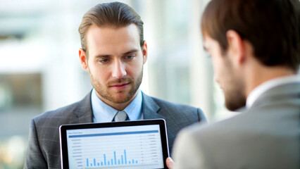 stock picks with sectors concept. Business professionals discussing data on a tablet in a modern office setting.