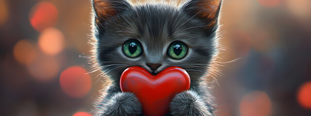 Fototapeta premium A cute gray kitten with green eyes holding a red heart 