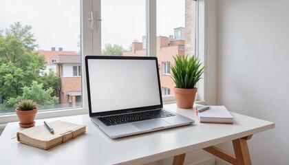 Minimalist desk setup with laptop and plants in bright room, organization