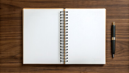 stock picks with sectors concept. Blank notebook with spiral binding and a pen on a wooden surface.