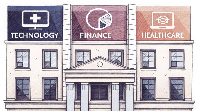 stock picks with sectors concept. Building with signs for technology, finance, and healthcare sectors.