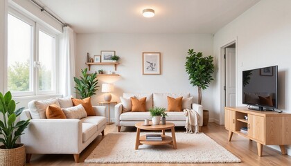 Cozy Scandinavian living room with natural light, serene ambiance