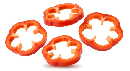 Fresh Red Bell Pepper Rings Floating on a White Background