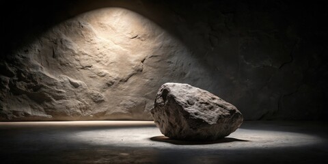Obraz premium A solitary boulder rests on a smooth surface, dramatically illuminated by a single light source against a textured stone backdrop.