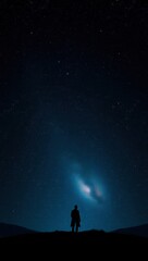 Majestic silhouette figure with subtle mysterious contours set against breathtaking cosmic night sky where millions bright shimmering stars twinkle like.