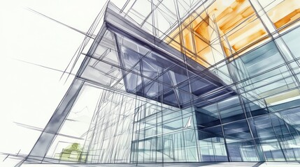 Modern building architectural sketch, glass facade, city background, design concept