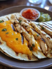 A plate of chicken and cheese with a side of salsa. The plate is on a table. The food looks delicious and inviting
