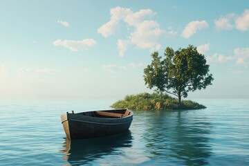 Tranquil Natural Scenery: Wooden Boat Floating on Calm Water with a Lush Island and Light Blue Sky