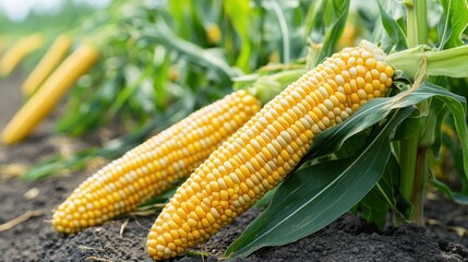 Ripe yellow corn on the cob in a field.