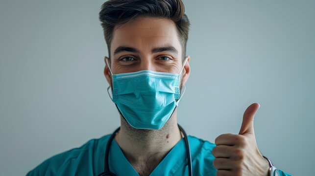 Portrait of a handsome doctor in turquoise scrubs with a mask on his face showing a thumbs up against a white background, in the style of a copy space concept