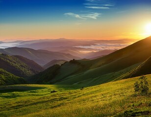 mountain landscape at sunrise with rolling hills and lush green valleys