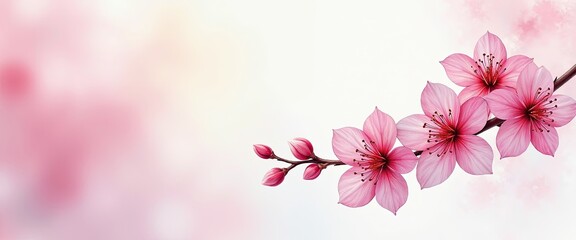 HighResolution Cherry Blossom Digital Painting: Vivid Pink Branches Against Soft Pink and White Background. A branch with pink flowers against a soft pink background.