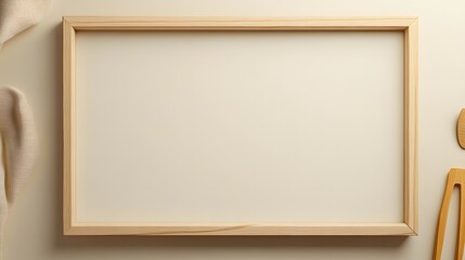 A light wooden frame is on a cream colored surface