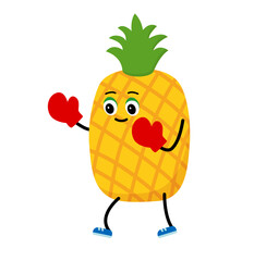 Cute pineapple character makes fighting in boxing gloves.  pineapple are engaged in boxing sports. Cartoon avocado symbols, isolated clipart. Vector illustration .