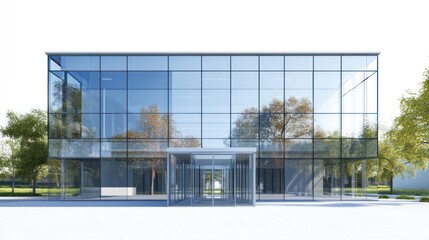 Obraz premium Modern glass office building entrance, trees, sunny day, architectural design