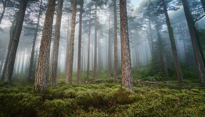 Fototapeta premium enchanted forest with tall pine trees and misty atmosphere