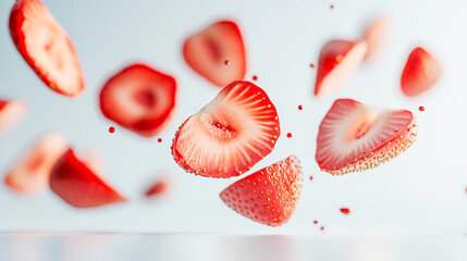 Fototapeta premium Freshly Sliced Strawberries Floating Against A Clean White Background