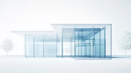 Modern glass building architectural design, park setting, blueprint