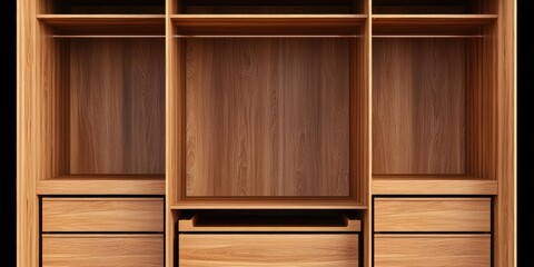 A wooden closet with three drawers and a shelf. The closet is empty and has a natural wood finish