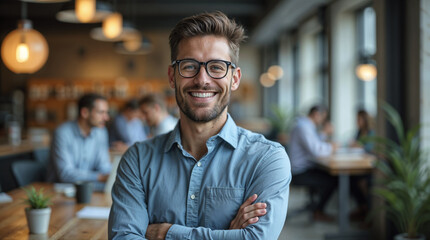 Portrait, business and man with arms crossed, glasses and happiness with startup, smile or confidence.