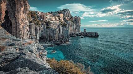 Fototapeta premium Serene Coastal Village with Dramatic Cliffs and Tranquil Waters