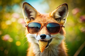 Fototapeta premium Funny Fox Summer Vacation: Sunglasses, Ice Cream Cone, Closeup