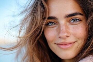 Fototapeta premium A captivating close-up portrait of a smiling woman with wild, blowing hair against a soft blue backdrop, epitomizing joy, beauty, and the essence of carefree moments.