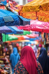 Obraz premium A woman wearing a red scarf walks past a market with colorful umbrellas overhead. The scene is lively and bustling, with people shopping and browsing the various stalls. The umbrellas provide shade