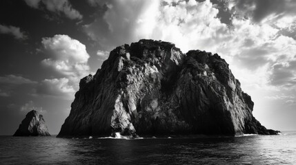 A rocky island with a small island in the distance. The sky is cloudy and the water is calm