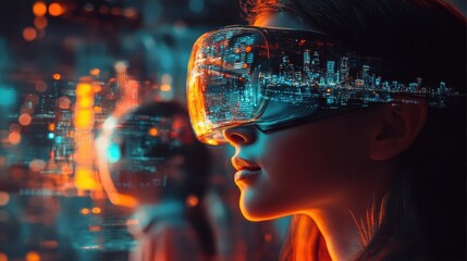 Naklejka premium A family enjoying a futuristic vacation with glowing holographic travel guides and neon-lit landmarks, Technology, Digital Art, Warm tones