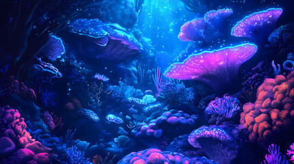 Vibrant blue light illuminates a dark coral reef ecosystem, illumination, exotic, colorful. Bioluminescent Coral Reef. Illustration